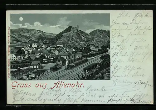 Mondschein-Lithographie Altenahr, Bahnhof aus der Vogelschau