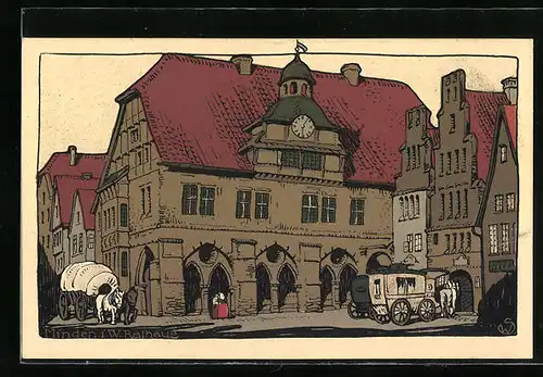 Steindruck-AK Minden i. W., Rathaus mit Kutschen