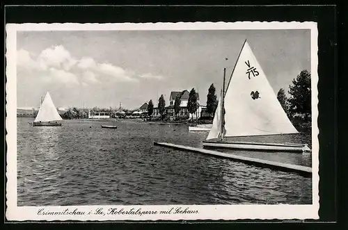 AK Crimmitschau i. Sa., Kobertalsperre mit Seehaus und Segelbooten