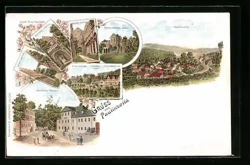 Lithographie Paulinzella, Gasthaus Menger, Kloster-Ruine, Schiff