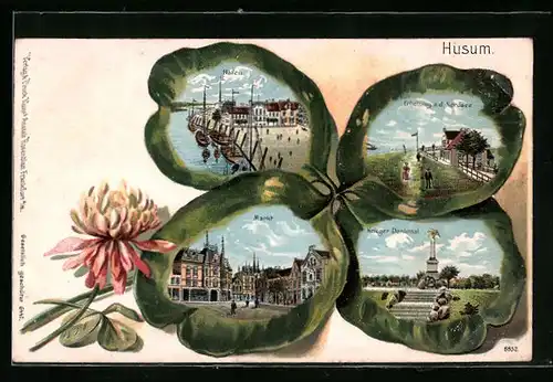 Präge-Lithographie Husum, Gasthaus Erholung a. d. Nordsee, Markt und Hafen im Kleeblatt