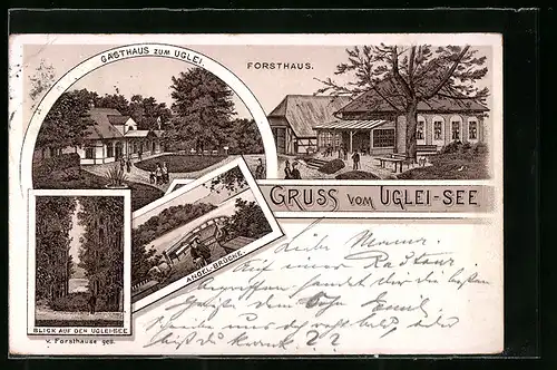 Lithographie Uglei-See, Gasthaus zum Uglei, Angel-Brücke, Blick auf den Uglei-See