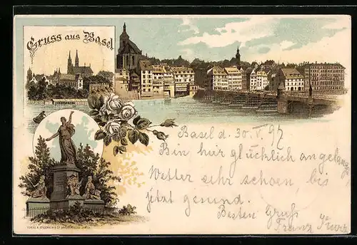 Lithographie Basel, Teilansicht mit Brücke, Helvetia-Standbild