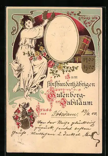 Lithographie Erinnerung zum fünfhundertjährigen Gutenberg-Jubiläum, Buchdruck