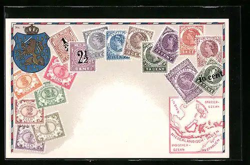AK Niederländische Briefmarken mit Wappen, Landkarte von Niederländisch-Indien