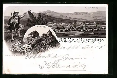 Vorläufer-Lithographie Riesengebirge, 1893, Schneekoppe, Totalansicht mit Schmiedeberg und Rübezahl