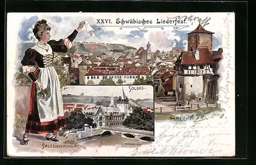 Lithographie Ganzsache Württemberg PP11D9 /03: Schwäb. Hall, XXIV. Schwäbisch. Liederfest, Badenerin in Salzsiedertracht