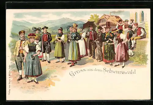 Lithographie Menschen in Schwarzwälder Tracht