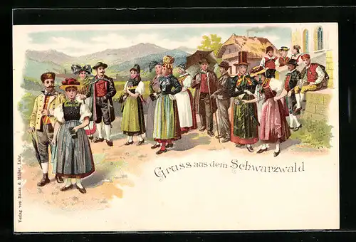 Lithographie Menschen in Schwarzwälder Tracht