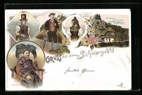 Lithographie Frauen und Männer in Schwarzwälder Tracht mit Bauernhaus im Gutachtal