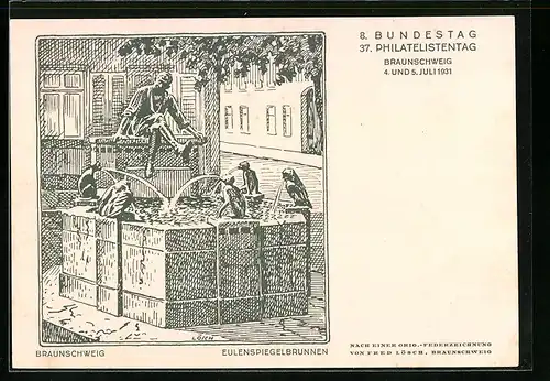 Künstler-AK Ganzsache PP106C8 /02: Braunschweig, 8. Bundestag 37. Philatelistentag 1931, Eulenspiegelbrunnen