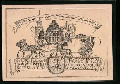 Künstler-AK Dortmund, Postwertzeichen-Ausstellung 1926, Postkutsche, Ganzsache PP77C6