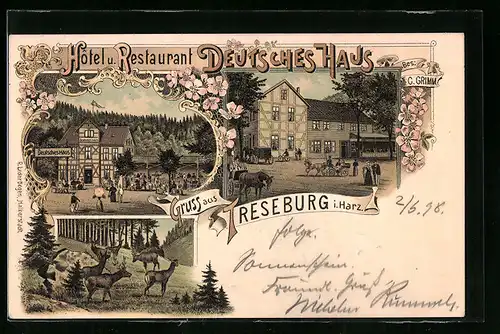 Lithographie Treseburg i. H., Hotel und Restaurant Deutsches Haus mit Kundschaft und Rotwild