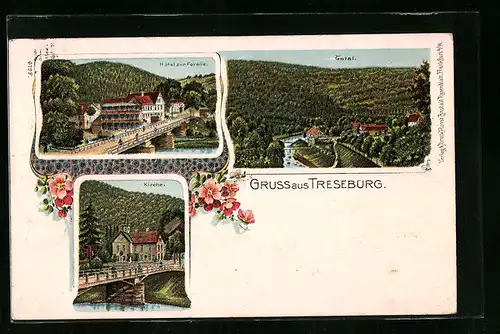 Lithographie Treseburg, Hotel zur Forelle, Kirche, Totalansicht