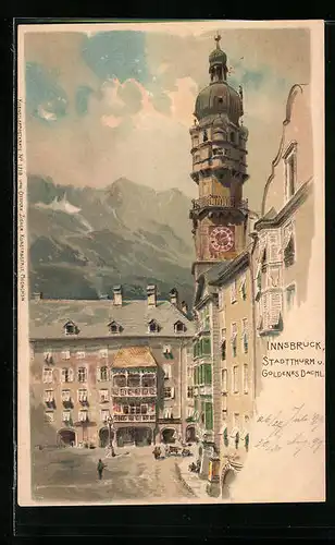 Lithographie Innsbruck, Stadtturm und Restaurant Goldenes Dachl