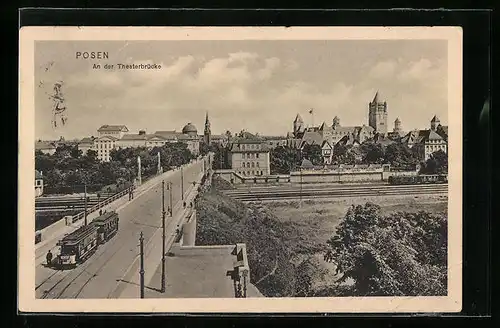 AK Posen, Strassenbahn an der Theaterbrücke