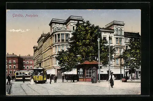 AK Görlitz, Strassenbahn auf dem Postplatz