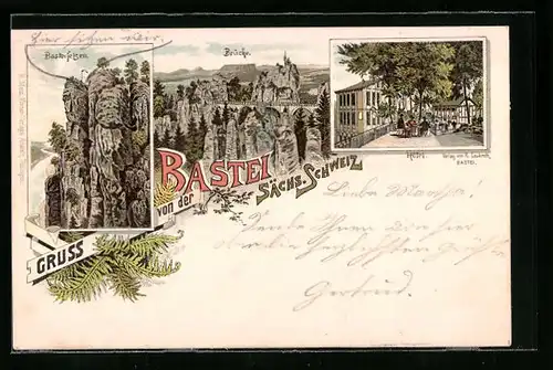 Vorläufer-Lithographie Bastei, Hotel, Basteifelsen, Brücke, 1895