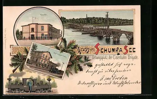 Lithographie Sperenberg, Übungsplatz der Eisenbahn-Brigade mit Kaserne, Schumka See, Bahnhof und Holzbrücke im Bau