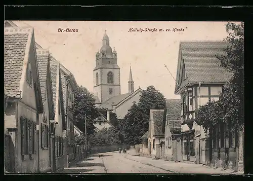 AK Gr.-Gerau, Hellwigstrasse mit ev. Kirche