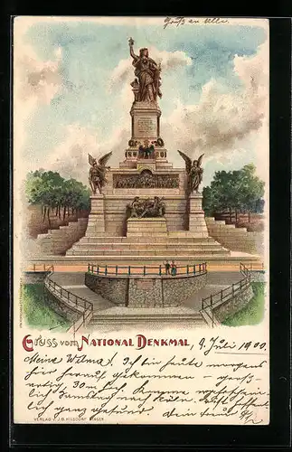 Lithographie Rüdesheim a. Rhein, National-Denkmal, Totalansicht