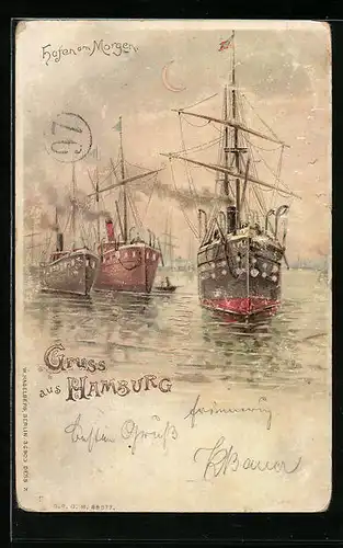 Lithographie Hamburg, Hafen am Morgen mit Schiffen