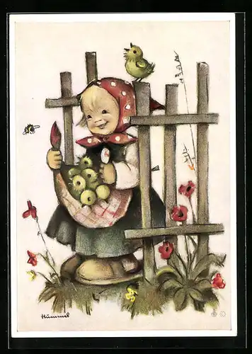 Künstler-AK Hummel: Niedliches Mädchen mit einer Schürze voller Äpfel am Zaun