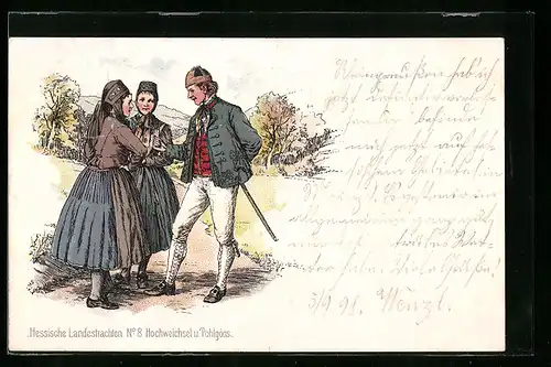 Lithographie Hessische Gruppe in Tracht aus Hochweichsel und Pohlgons