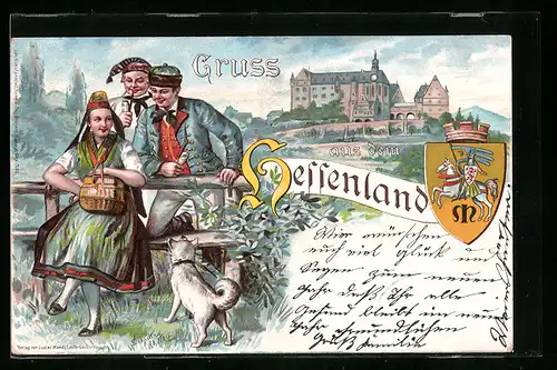 Lithographie Hessen in Tracht beim geselligen Beisammensein