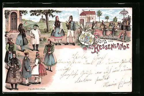 Lithographie Menschen in Hessischer Tracht beim Tanz und Kirchgang