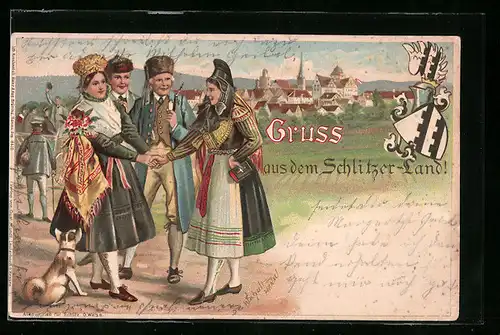 Lithographie Fröhliches Zusammentreffen einer Hessischen Gruppe in Tracht