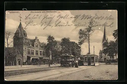 AK Hannover, Strassenbahn am Pferdeturm und der Petrikirche