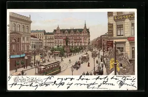 Lithographie Berlin, Strassenbahnen auf dem Alexanderplatz