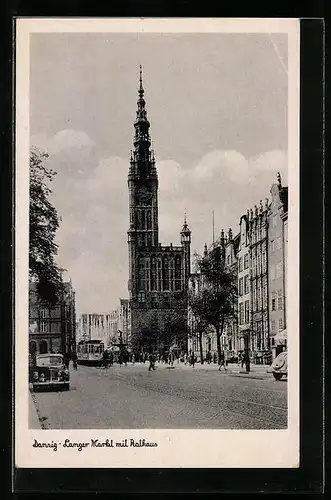 AK Danzig, Langer Markt mit Rathaus und Strassenbahn