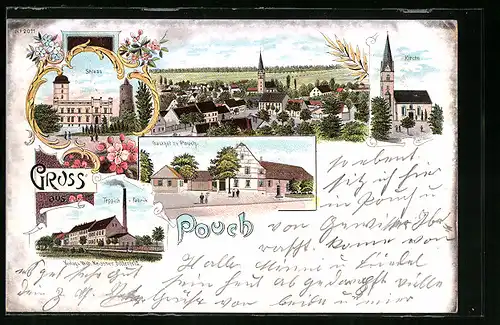 Lithographie Pouch, Schloss, Gasthof zu Pouch, Teppichfabrik und Kirche