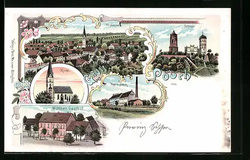 Lithographie Pouch, Mühlner Gasthof, Totalansicht, Kirche, Teppichfabrik und Schloss