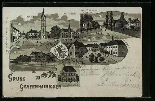 Lithographie Gräfenhainichen, Cafe Walther, Neue Schule, Bahnhof, Paul Gerhardt-Kapelle und Restaurant Ratskeller