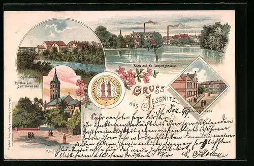 Lithographie Jessnitz i. A., Spittelbrücke, Kirche, Neue Post, Raguhner Strasse, Wappen