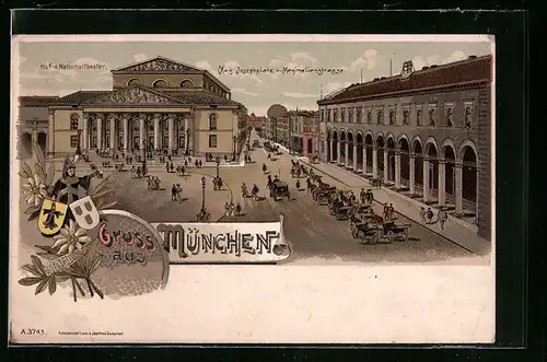 Lithographie München, Max Josephplatz und Maximilianstrasse mit Hof- u. Nationaltheater