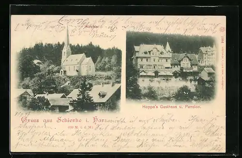 AK Schierke / Harz, Kirche, Hoppe's Gasthaus & Pension