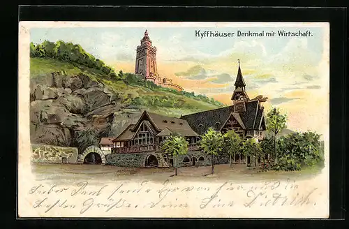 Lithographie Kyffhäuser, Kyffhäuser Denkmal mit Gasthaus