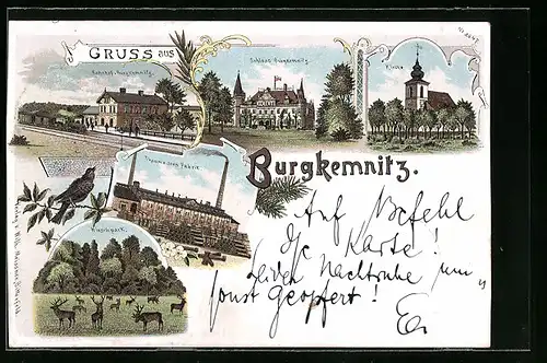 Lithographie Burgkemnitz, Schlossansicht mit Hirschpark, Tonwarenfabrik, Bahnhof