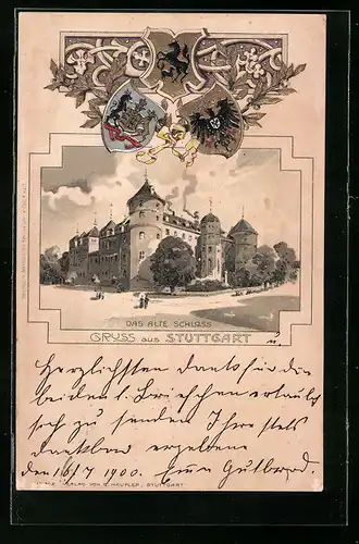 Passepartout-Lithographie Stuttgart, Das alte Schloss, Wappen