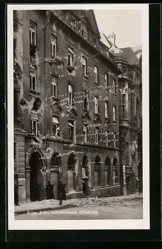 AK Wien, Februaraufstand 1934, Arbeiterheim mit Einschlägen von MG-Garben