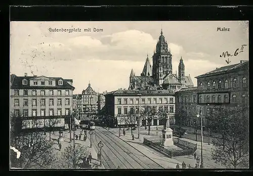 AK Mainz, Gutenbergplatz mit Dom und Strassenbahn