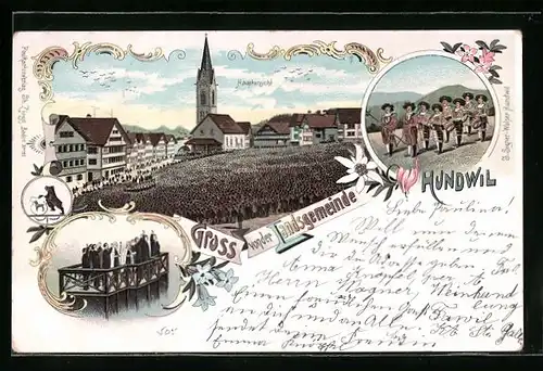 Lithographie Hundwil, Hauptansicht mit Menschenmenge vor der Kirche, Wächter mit Trommeln