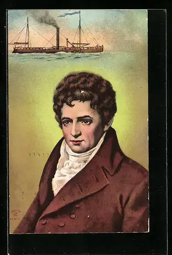 Künstler-AK Portrait Robert Fulton, früher Raddampfer