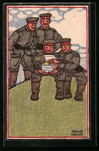 Künstler-AK Änne Koken: Soldaten mit einer Schachtel Leibnitz Kekse, Reklame