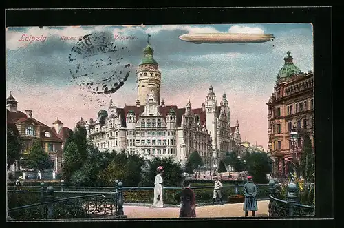 AK Leipzig, Neues Rathaus mit Zeppelin