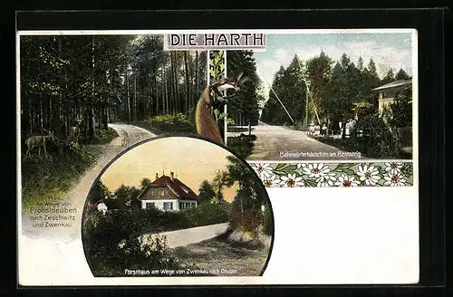 AK Zwenkau /Harth, Gasthaus Forsthaus am Wege von Zwenkau nach Deuben, Bahnwärterhäuschen am Rennsteig